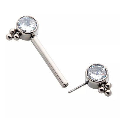 Titanium Threadless Bezel CZ & Tri-Bead Nipple Bar