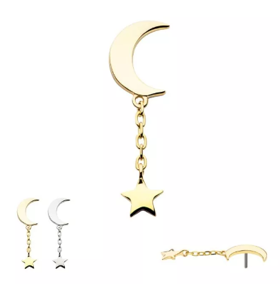 14K Gold Threadless Moon & Star Dangle Top (2 colors)