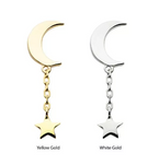 14K Gold Threadless Moon & Star Dangle Top (2 colors)