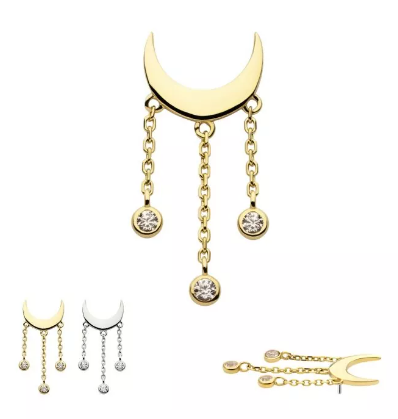 14K Gold Threadless Moon & CZ Chain Dangle Top (2 colors)