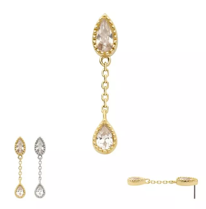 14K Gold Threadless Double CZ Pear Chain Dangle Top (2 colors)