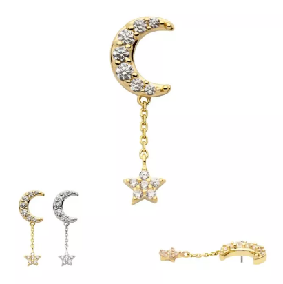 14K Gold Threadless CZ Pave Moon & Star Dangle Top (2 colors)