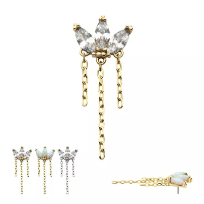 14K Gold Threadless Fan CZ/Opal Marquise & Chains Dangle Top (3 colors)