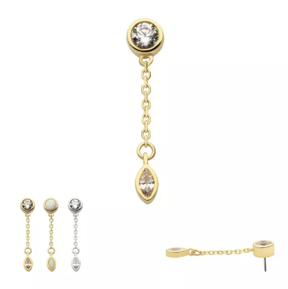 14K Gold Threadless Bezel CZ/Opal & Marquise Chain Dangle Top (3 colors)