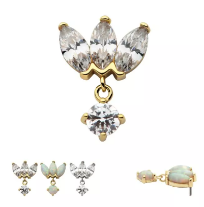 14K Gold Threadless Fan Marquise CZ/Opal & Prong Dangle Top (3 colors)