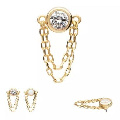 14K Gold Threadless Bezel CZ/Opal & 2 Chains Dangle Top (2 colors)