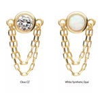 14K Gold Threadless Bezel CZ/Opal & 2 Chains Dangle Top (2 colors)