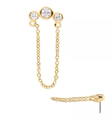 14K Gold Threadless 3-CZ Cluster & Chain Dangle Top