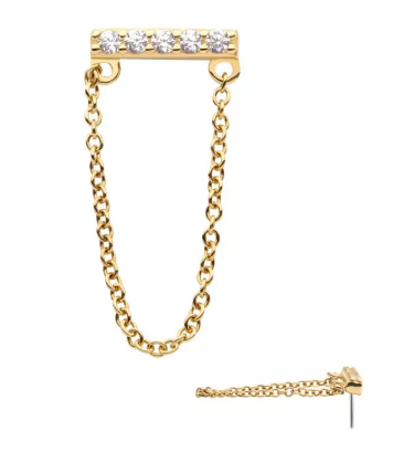 14K Gold Threadless CZ Bar & Chain Dangle Top