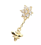 14K Gold Threadless CZ Flower & Bee Dangle Top