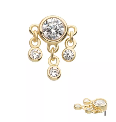 14K Gold Threadless CZ Top & 3-CZ Dangle Top