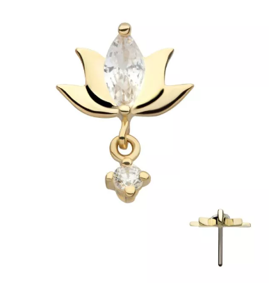 14K Gold Threadless CZ Lotus & CZ Dangle Top