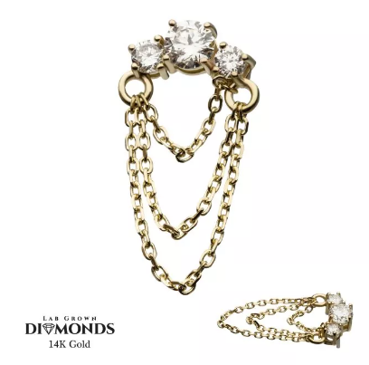 14K Gold Threadless 3 Prong Diamonds & Chains Dangle Top