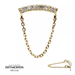 14K Gold Threadless 6 Prong Diamonds Curve Bar & Chain Dangle Top