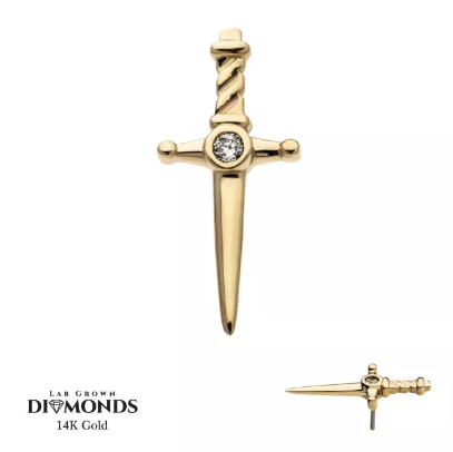 14K Gold Threadless Dagger & Center Diamond Top