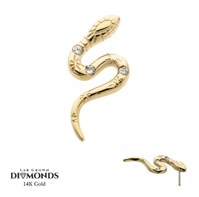 14K Gold Threadless Snake & 3 Diamonds Top
