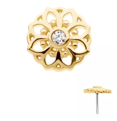 14K Gold Threadless Mandala Center CZ Top