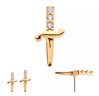 14K Gold Threadless Dagger & 3 CZ  (2 sizes)