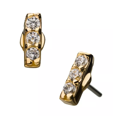 14K Gold Threadless Bar 3 CZ Top