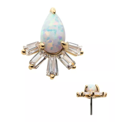 14K Gold Threadless Pear & Baguette Opal & CZ Top