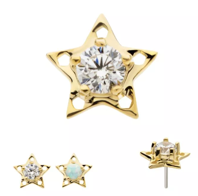 14K Gold Threadless Star Opal/CZ Top (2 colors)
