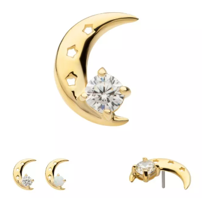 14K Gold Threadless Moon & Stars Opal/CZ Top (2 colors)