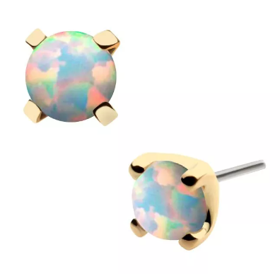 14K Gold Threadless Prong Set White Opal Top (2 sizes)