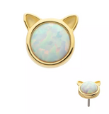 14K Gold Threadless Cat Head White Opal Top