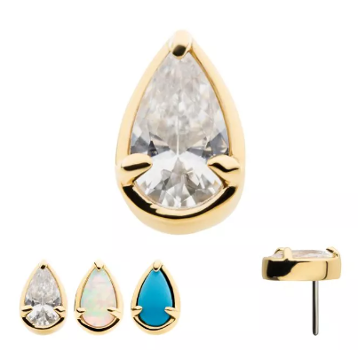 14K Gold Threadless Pear Prong CZ/Opal/Turquoise Top (3 colors)