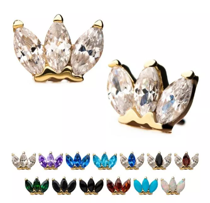 14K Gold Threadless Triple Marquise CZ/Opal/Stone Top (20 colors)