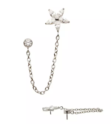 Titanium Threadless Flower & Round CZ Chain Dangle Top