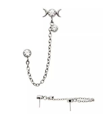 Titanium Threadless Triple Moon Double Round CZ Chain Dangle Top