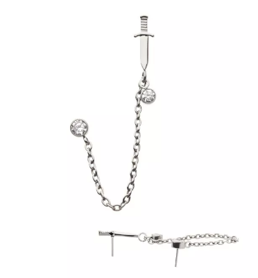 Titanium Threadless Dagger Double Round CZ Chain Dangle Top