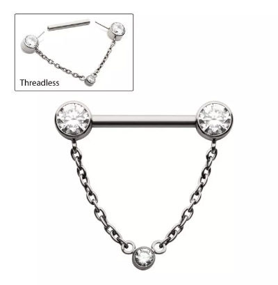 Titanium Threadless CZ End CZ Chain Dangle Nipple Bar