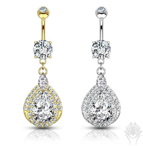 14K Gold Pave CZ Tear Drop Dangle Navel Ring (2 colors)