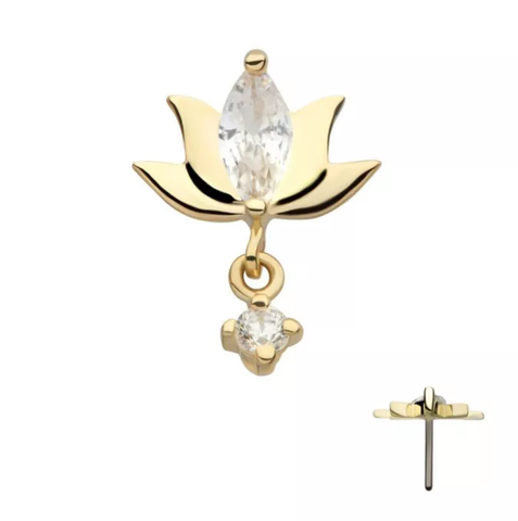14Kt. Yellow Gold Marquise CZ Lotus Flower Top with Dangle Round CZ Gem