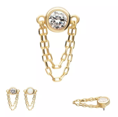 14Kt. Yellow Gold Bezel Set Round CZ/Opal Top with 2 Dangle Chains
