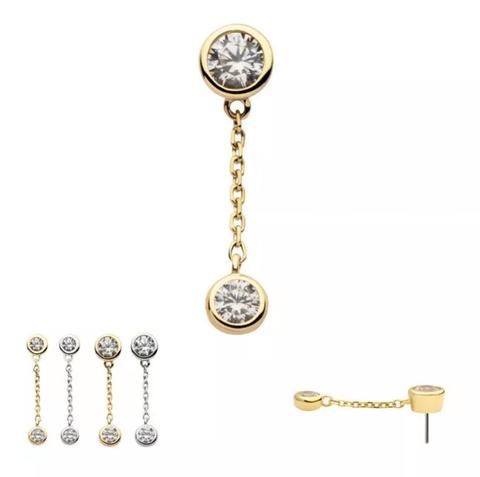 14Kt. Gold Double Bezel Set Round CZ with Dangle Chain Top