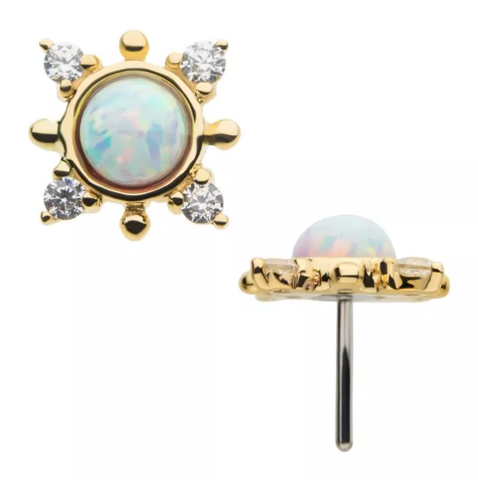 14Kt Yellow Gold with White Opalite, Beads & Round Clear CZ 4-Point Top