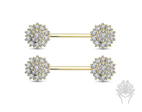 14K Gold Triple CZ Flower Nipple Bar (2 colors)