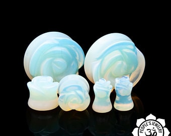 Double Flare Carved Flower Opalite Plugs
