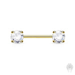 14K Gold Prong-Set CZ Nipple Barbell (2 colors)